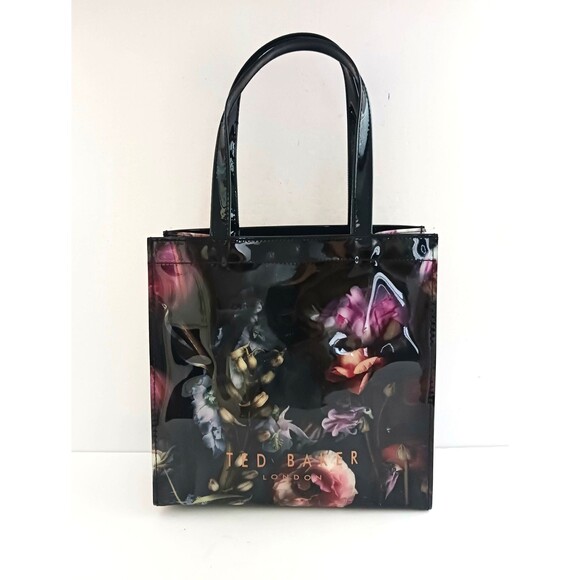 Ted Baker Handbags - Ted Baker London Small Tote Bag Blk Floral Print Glossy PVC 10X4X9